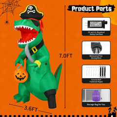 7FT Inflatable Pirate Dinosaur for Halloween Outdoor Decorations and Celebrations