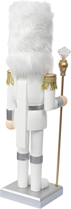 14-Inch Handmade Wooden Nutcracker Soldier in White Uniform with Scepter - Festive Decorative Figure for Indoor Winter Table and Fireplace Decor