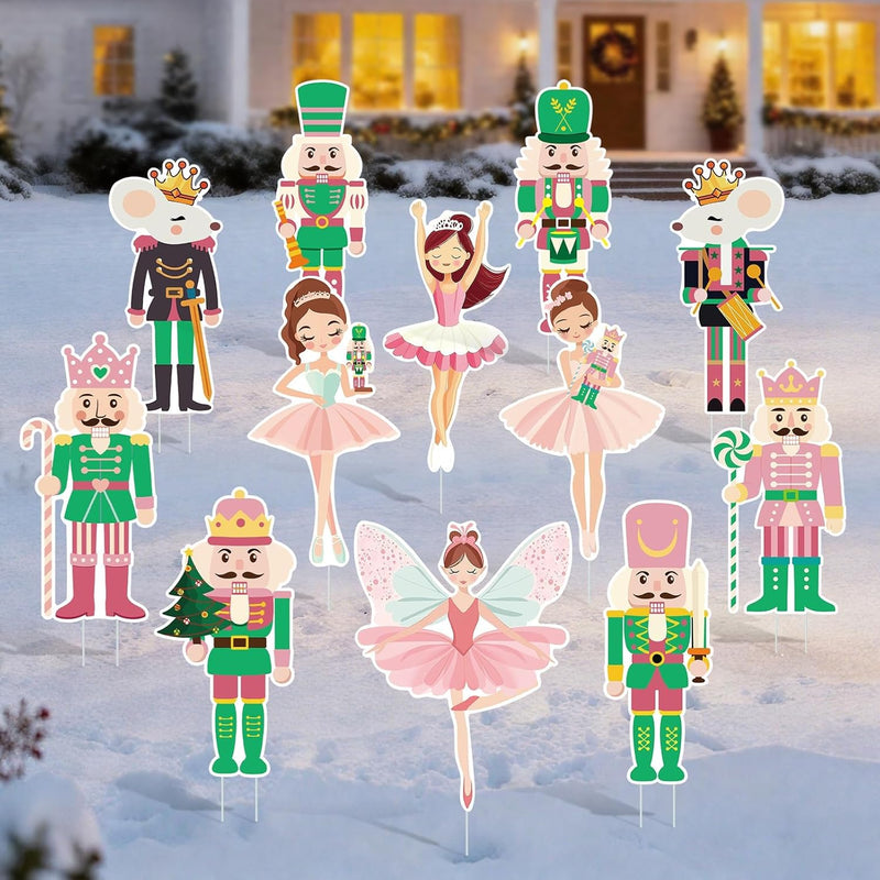 12-Piece Set of Pink Nutcracker Yard Signs with Stakes - Watercolor Nutcracker Princess Ballet Outdoor Decorations for Holiday Lawn and Garden Pathways