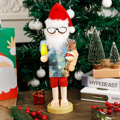 14-Inch Wooden Nutcracker Santa Figurine - Hawaiian Beach Summer Vacation Themed Tabletop Centerpiece for Holiday Decor