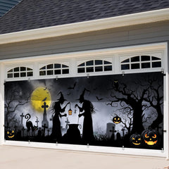 Extra Large Halloween Garage Door Cover 6 x 16 Ft: Featuring Scary Witches, Pumpkins, and Bats - Perfect for Garage Door Displays, Photography, and Party Decorations!