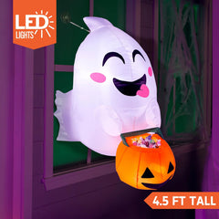 Enhance Your Halloween Decor with a 4.5 FT Inflatable Flying Ghost and Pumpkin Candy Basket - Ideal for Windows and Yards