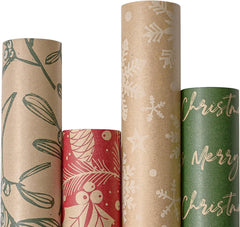 Rustic Christmas Wrapping Paper Rolls - Eco-Friendly Brown Kraft with Festive Red and Green Patterns, 4 Rolls (17" x 120") for Holiday Gift Giving