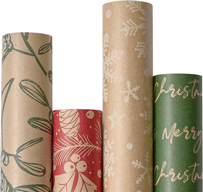 Rustic Christmas Wrapping Paper Rolls - Eco-Friendly Brown Kraft with Festive Red and Green Patterns, 4 Rolls (17