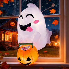 Enhance Your Halloween Decor with a 4.5 FT Inflatable Flying Ghost and Pumpkin Candy Basket - Ideal for Windows and Yards