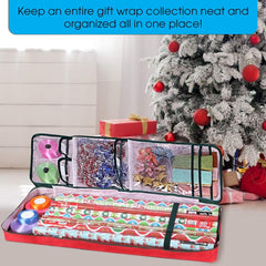 Christmas Wrapping Paper Storage Bag with Pockets - Durable Underbed Organizer (37” x 14” x 4”, Red, 600D Oxford Fabric)