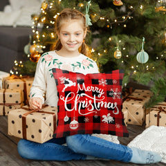 Set of 4 Christmas Pillow Covers 18x18 Inches in Black and Red Buffalo Plaid - Rustic Linen Decorative Cases for Sofa and Couch Holiday Decor