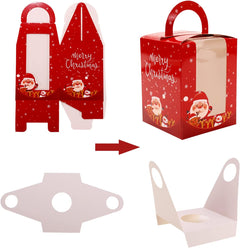 Christmas Cupcake Carrier Set - 12 Individual Cupcake Boxes with Window Insert and Handle for Bakery Treats and Holiday Celebrations