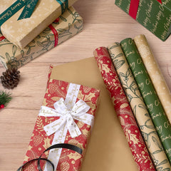 Rustic Christmas Wrapping Paper Rolls - Eco-Friendly Brown Kraft with Festive Red and Green Patterns, 4 Rolls (17" x 120") for Holiday Gift Giving