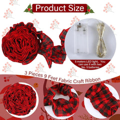 27 Feet of LED-Illuminated Buffalo Plaid Garland - Red and Black Check Fabric Ribbon for Farmhouse Holiday Decor (Set of 3 Rolls)