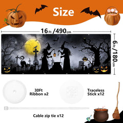 Extra Large Halloween Garage Door Cover 6 x 16 Ft: Featuring Scary Witches, Pumpkins, and Bats - Perfect for Garage Door Displays, Photography, and Party Decorations!