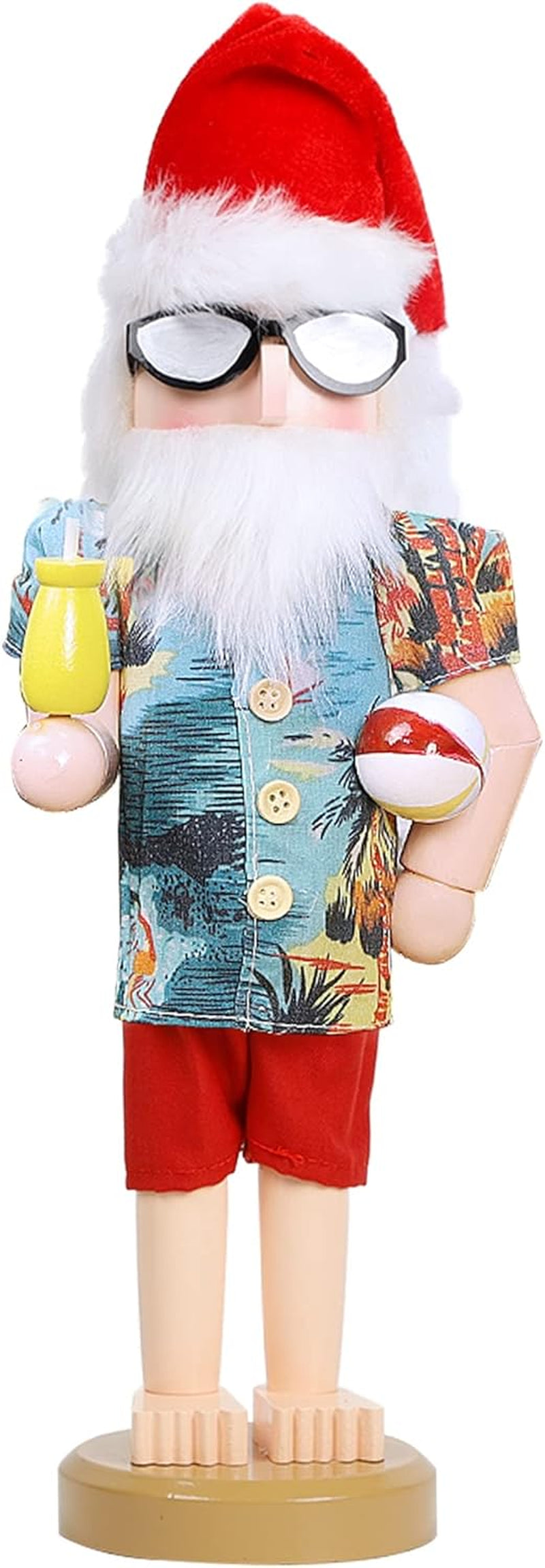 14-Inch Wooden Nutcracker Santa Figurine - Hawaiian Beach Summer Vacation Themed Tabletop Centerpiece for Holiday Decor