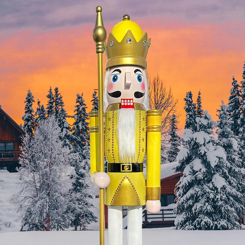 5-Foot Tall Life-Size Yellow Wooden Nutcracker Soldier Ornament with Scepter for Indoor and Outdoor Holiday Decorations and Events (Model K26)