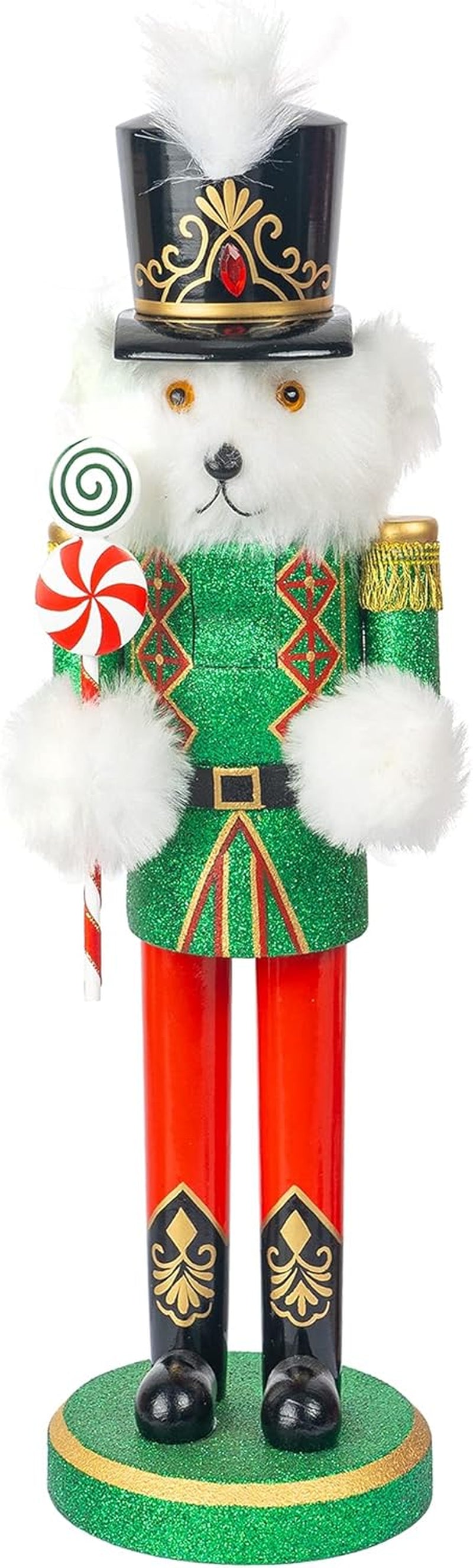 14-Inch Decorative Nutcracker Figure - Wooden White Bear in Green Uniform Holding Candy, Festive Collectible for Indoor Winter Table and Fireplace Decor