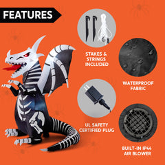 8-Foot Inflatable Skeleton Dragon for Halloween Yard Decoration