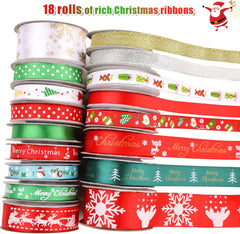 18 Rolls of Festive Christmas Ribbons - 90 Yards of Holiday Printed Grosgrain & Satin with Metallic Glitter for Gift Wrapping & Decorations in 3 Sizes