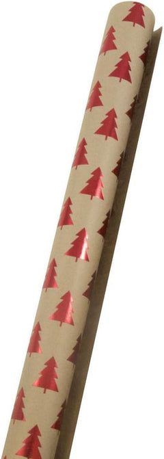 Christmas Kraft Wrapping Paper Roll - 25 Sq Ft with Red Tree Design on Brown Kraft Paper - Individually Sold