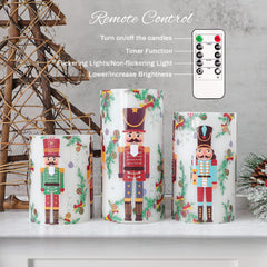 Nutcracker-Themed Flameless LED Candles with Remote Timer - Battery Operated Real Wax Pillar Set of 3 for Holiday Decor and Gift Giving