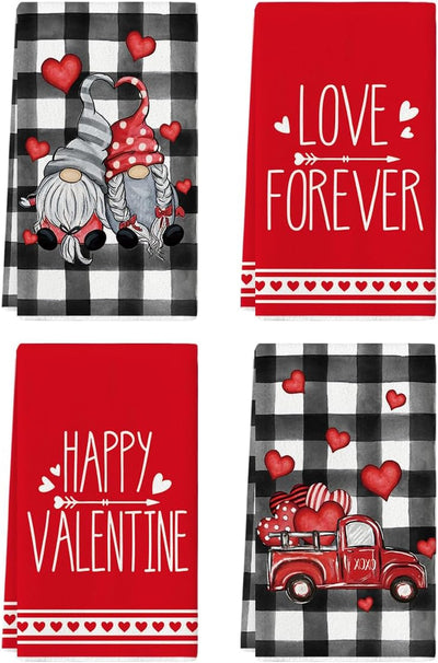 Buffalo Plaid Gnomes Valentine Dish Towels